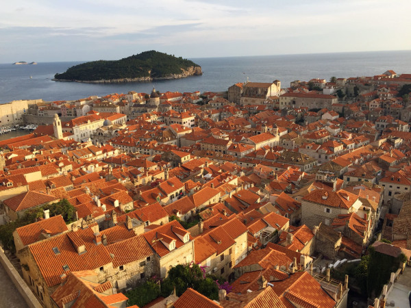 View of Old Town in Dubrovnik from the city walls at sunset